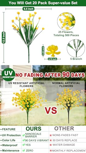 TURNMEON 20 Bundles Artificial Flowers for Outdoors, Summer Spring Grass Camellia Fake Flowers Plastic Plants,UV Resistant No Fade Faux Greenery for Gardens Porch Yards Cemetery Decor 500 Head(Yellow) - color: Yellow, size: 20 Bundles