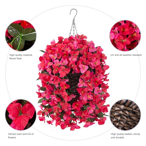 Ivydale Bougainvillea Artificial Hanging Fake Flowers with Basket for Outdoors Decoration, Faux Silk Flowers UV Resistant Fake Plants Long Vines Realistic for Outside Front Door Porch Patio, Red Pink - color: Red Pink