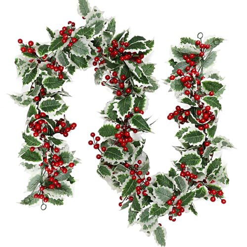 MAKHOT 6Ft Eucalyptus Garland, Green Leaves Wreath Vines Garlands Decorations, Artificial Red Berry Garland for Fireplace Gate Mantle Table Home Party Decor（1PCS）