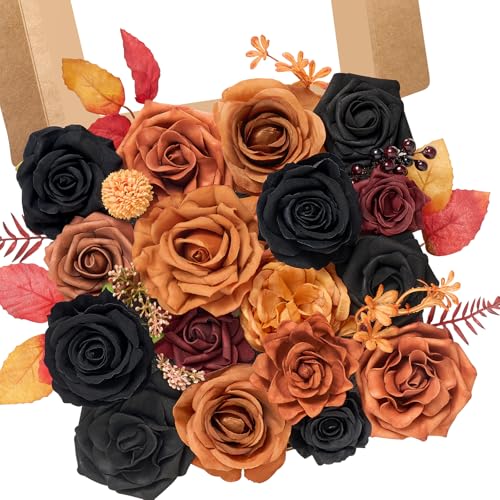 Serwalin Artificial Orange & Black Flowers, Silk Fake Flowers, Autumn Faux Flowers for Wedding Bouquet, Table Centerpieces, Home Decor - color: Orange & Black, size: Square