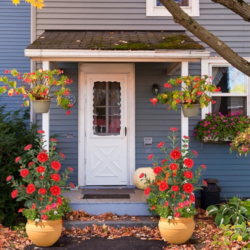 2Pack 39.37"/3.28FT Artificial Camellia Trees with 32 Red Flowers in Cement Pots – Lifelike Fake Trees for Front Porch, Home, Indoor Outdoor Spring Decor, Office or Housewarming Gifts - color: Red, size: 39.37 inchx2