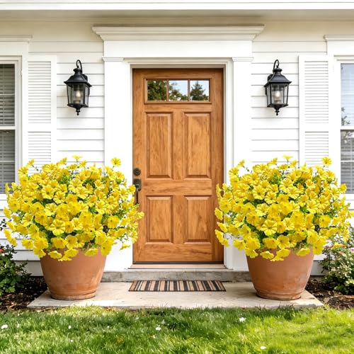 Roberly 12 Bundles Artificial Flowers for Outdoors, Fake Flowers Silk Morning Glory with Eucalyptus UV Resistant Faux Plants for Spring Summer Garden Outside Porch Patio Yard Home Decor, Yellow - color: Yellow