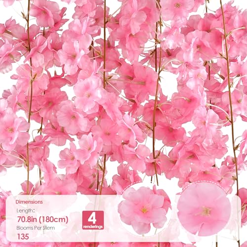 4 PCS Cherry Blossom Garland Artificial Silk Flower Vine Hanging Floral Decor for Wedding Arch Party Home Garden Wall Decoration (Light Pink) - size: 70in-4pcs-Light pink