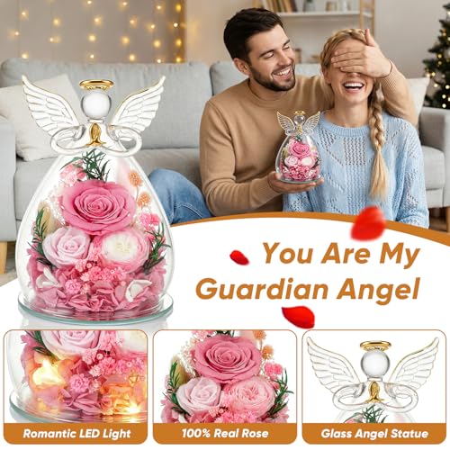 Preserved Rose in Glass Angel Figurine, Mothers Day Gifts for Mom/Wife/Grandma, Forever Flowers Rose Anniversary, Graduation or Birthday Gifts for Women Her - color: Pink
