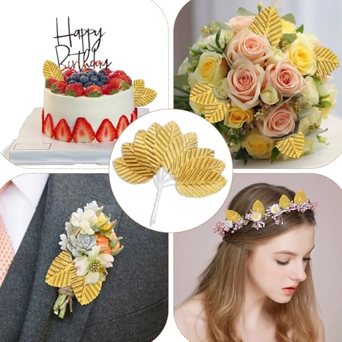 200 Pcs Golden Artificial Leaves with Stems DIY Corsage Single Leaf Crafts Gold Floral Accents Silk Leaf Artificial Leaves for Wedding Party Home Decor Flower Bouquet