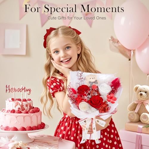 Preserved Flowers Bouquet with Bear, 3 Real Forever Flowers for Delivery, Long-Lasting Red Eteranl Roses Bouquet, Anniversary Birthday Gifts for Women Mom Her Girlfriend Wife - color: Red