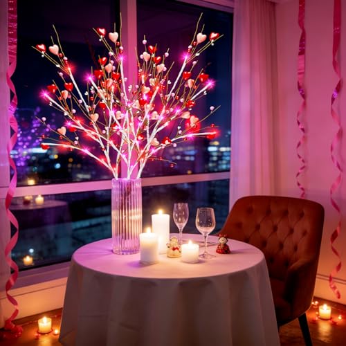 Agusbagli 3 Pack Valentines Day Decor 30in Lighted Valentine’s Day Picks with 60LED Pink Lights Artificial Red Heart Berry Flower Stems Timer Battery Operated Valentines Day Decorations for Home