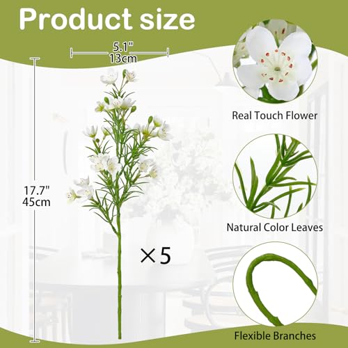 5PCS 18 inch Artificial Flowers Silk Spring Wildflowers Summer Flower Bouquet for Home Wedding Party Table Centerpieces Floral Arrangements, White - color: White