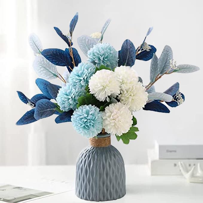 LADADA Blue Artificial Flower Bouquet in Ceramic Vase | Faux Blue White Bouquet,Faux Ball Mum Silk Flowers Arrangement for Home Table Centerpiece Farmhouse Living Room Wedding Decor - color: Blue