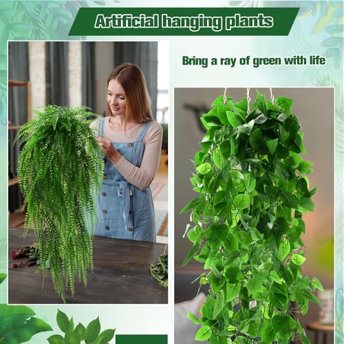Daifunli 8 Pcs Artificial Hanging Plants Fake Hanging Ferns Plastic Faux Plants for Wall Room Garden Garland Indoor Outdoor Decor No Basket (Boston,Eucalyptus,Ivy Vine,String of Pearls) - style: Boston, Eucalyptus, Ivy Vine, String of Pearls