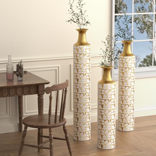 Metal Floor Vases Decorative, Set of 3 Flower Arrangement Stand, Metal Decorative Vase Tall Distressed Metallic Centerpiece Vases, 32", 28", 24" H (Antique White) - color: Antique White