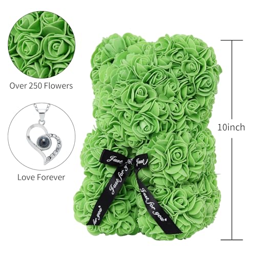 DuHouse Rose Bear Rose Teddy Bear Flower Gift Box for Valentines Gifts Anniversary Christmas,Birthdays Bridal Showers -Fully Handmade 10 inch Flower Bear Clear Gift Box(Green with Necklaces) - color: Green