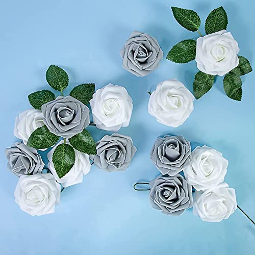 Higfra Artificial Flowers 25pcs Real Looking Himmer Silver Grey Foam Fake Roses with Stems for DIY Wedding Bouquets White Bridal Shower Centerpieces Arrangements Mothers Day Party Tables Decorations - color: Himmer Silver Grey, size: 25Pcs