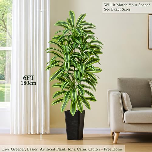 Artificial Dracaena Tree：6FT Faux Silk Tropical Yucca Floor Trees Realistic Fake Green Plant with Natural Wood Trunk & Lifelike Leaves for Home Office Decor Indoor & Outdoor (6FT,1-Pack,Black) - color: Light Green – Black Pot, size: 6FT