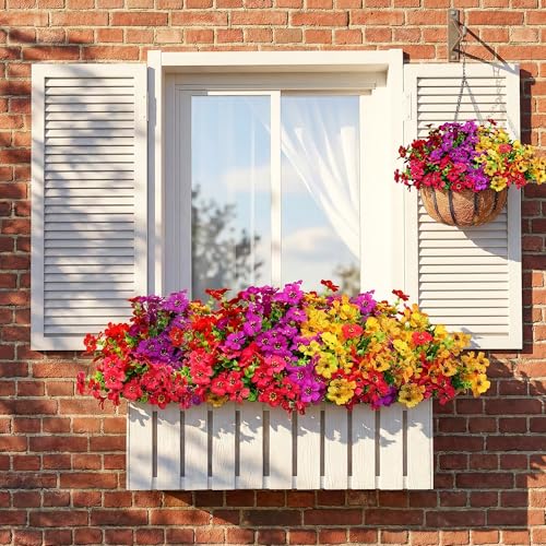 16 Bundles Artificial Flowers for Outdoors, Faux Plants Flowers, Silk Colorful Fake Flowers Eucalyptus Realistic UV Resistant for Outdoors Home Planter Porch Patio Yard Decor (16, Mixed 4 Colors) - color: Mixed 4 Colors