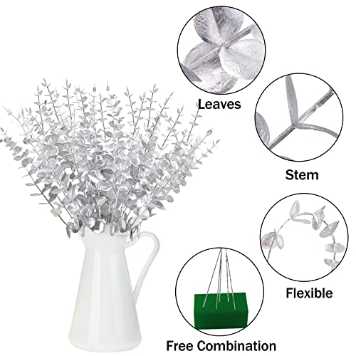 FEQO 72 Pcs Silver Eucalyptus Stems Artificial Leaves Faux Eucalyptus Stems Branches 15 inch for Wedding Bouquet Home Decor - color: Silver, size: 72 Pcs