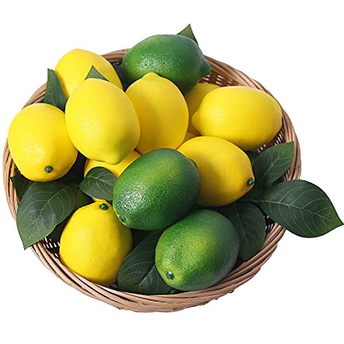 Fake Fruit Artificial Lemons 24 Pcs, Faux Lemon Leaves 12 Pcs Lifelike Fake Lemon Decor for Kitchen Table Cabinet Party Plastic Fruits Photography Prop