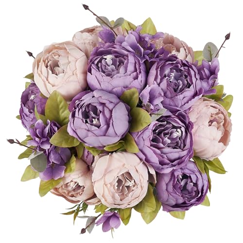 Mkono Peonies Artificial Flowers, 2 Packs 13 Stems Faux Peony Flowers Real Touch Fake Silk Bouquet for Arrangements Dining Table Centerpieces for Kitchen Bridal Wedding Party (2, Purple) - color: Purple