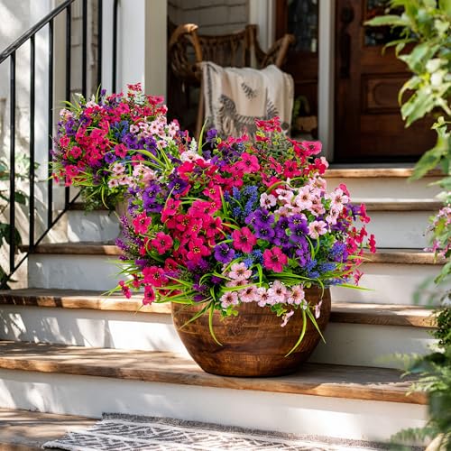 AXYLEX Artificial Flowers for Outdoors, 16 Bundles Fake Plants (Mixed) | UV resistant faux plastic flowers, no fade artificial greenery – garden, patio, porch & home - color: Mix White Purple Pink Lavander