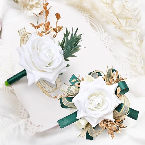 Ivory Rose Wrist Corsage Wristlet Band Bracelet and Men Boutonniere Set with Dark Green Ribbin for White Wedding Flower Accessories Prom Suit Decorations