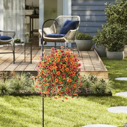 Artificial Faux Hanging Flowers Plants Basket for Outdoor Outside Spring Summer Decoration,Fake Silk Daisy in Planter Realistic UV Resistant for Home Porch Balcony Patio Yard Decor（Orange Brown) - color: Orange Brown