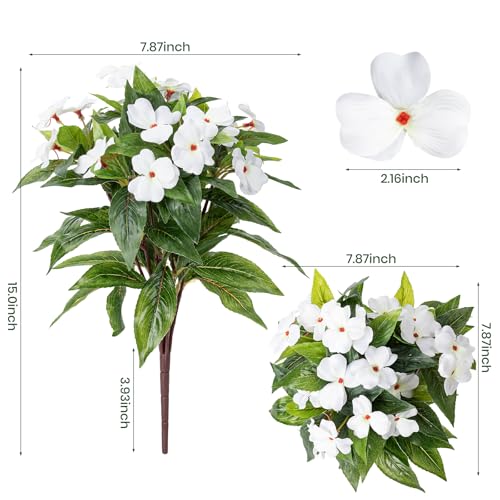 Nigirior Artificial Fake Flowers for Outdoor Décor 6 Bundles UV Resistant Fake Plants for Planter Faux Impatiens for Home Porch/Garden Stunning（White） - color: White