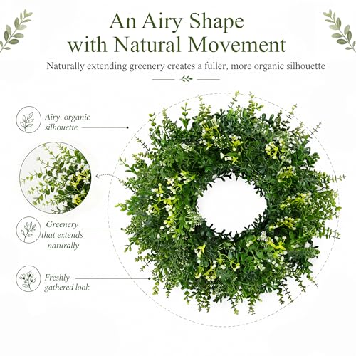 26 Inch Large Artificial Boxwood Wreaths for Front Door All Season, Eucalyptus Wreath with 2 Sashes, Baby's Breath and Flower Buds, Summer Farmhouse Greenery Decor for Outdoor, Porch, Home