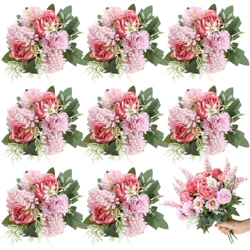 Zeyune 8 Pcs 13.4 Inch Artificial Flowers Bouquet Fake Silk Flowers Faux Bouquet Hydrangea Bouquets for Wedding Birthday Table Centerpieces Home Office Decoration (Rose,Bean Paste Pink) - color: Bean Paste Pink, size: Rose