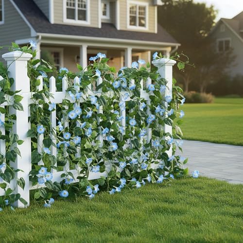 GTIDEA 4Pcs Fake Vines 30Feet Artificial Hanging Morning Glory Flower Garland Blue Faux Vines for Outdoors for Wall Fence Indoor Wedding Decor - color: Blue-4pcs