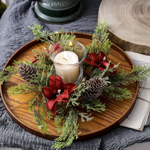 Christmas Candle Rings Xmas Small Wreath for Pillars Artificial Red Flowers Pine Cone Candle Rings 9.8” Rustic Gift Farmhouse Table Centerpiece Home Winter Decor