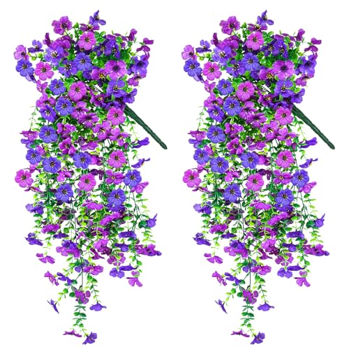 Artificial Hanging Flowers for Outdoors Decorations 2 Pack, Fake Hanging Flowers, UV Resistant Artificial Hanging Plants Outdoors for Home Porch Patio Balcony Baskets Yard(Double Purple) - color: Double Purple