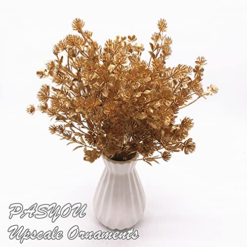 PASYOU Fake Plants Decoration for Christmas, Artificial Flowers Golden Plastic Leaves Grass Faux Outdoor Indoor Home Garden Party Room Bedroom Office Wedding Table Centerpiece DIY Decor, Gold 2 Pack - color: Gold Babys Breath - 2 Pack