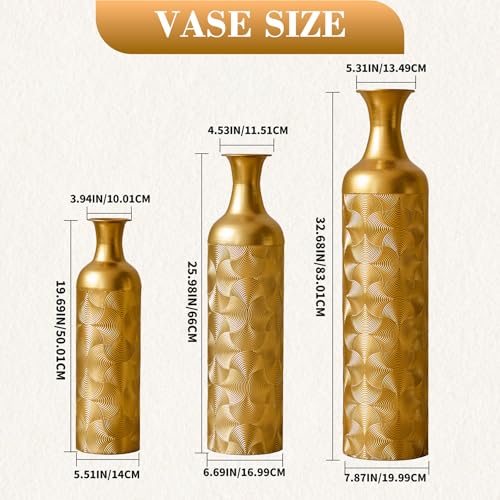 Tall Floor Vases Set of 3 for Decor Living Room Floor, White Vases Home Decor, Embossed Body Pattern, Geometric Cylinder (Gold 2) - color: Gold 2