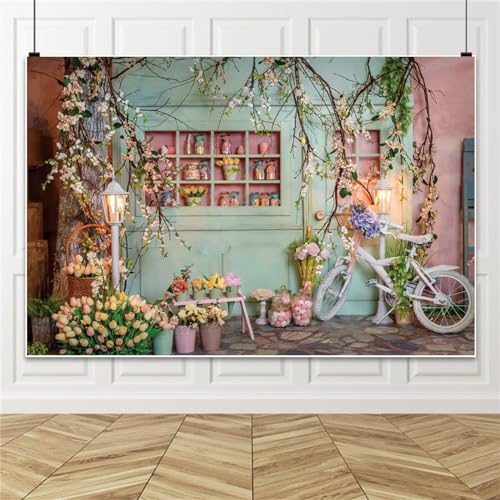 Renaiss 7x5ft Flower Shop Backdrop for Photoshoot Kids Adults Portrait Bicycle Blossom Branches Tulip Pink Green Florist Photography Background Baby Shower Wedding Bday Party Decors Photo Booth Props - size: 7x5ft