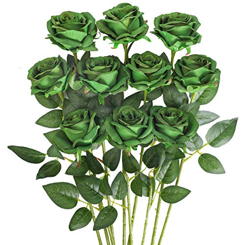 Luyue 10PCS Artificial Roses Flower with Stems Slik Fake Flowers Bouquet Realistic Long Stem Faux Rose for Valentines Day Wedding Home Decor - color: Dark Green