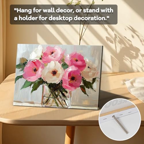 Poppy Bouquet Wall Art, pink white poppies, impressionist wall decor, laminated paper unframed canvas print, botanical poster artwork, for dining room kitchen gift, 15x12 inch - color: Pink And White Peony Glass Vase