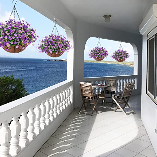Ammyoo Artificial Hanging Flowers in Basket for Patio Garden Porch Deck Spring Summer Decoration, Artificial Daisy Arrangement,Fake Plants in 12 inch Coconut Lining Basket for Outdoor/Indoor(Purple) - color: Purple