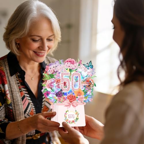 50th Birthday Cards, Light and Music 50 Years Old Happy Birthday Card, Rose Lily Orchid and Butterflies, 10 Inch Forever Flower Bouquet 3D Pop Up 1976 Birthday Gift Card for Women Wife Mom Daughter Sister - size: 1976-50th