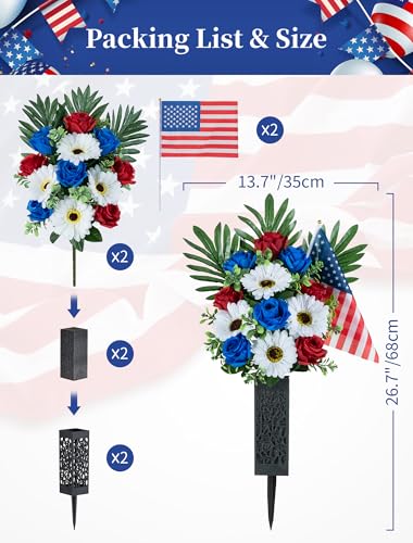 Memorial Day Flowers for Cemetery: 2 Pcs 4th of July Outdoor Grave 250th Anniversary USA Decorations - Fathers Day Cemetery Flowers for Grave Vase - Patriotic Artificial Red White Blue Roses - color: Red & White & Blue