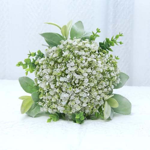 Artificial Bridesmaid Bouquets Set of 6 - Ivory White 9 Inch Flower Bouquet for Wedding Party Ceremony Anniversary Dinning Table Centerpieces Decor Faux Boho (Babys Breath & Ribbon) - color: Babys Breath