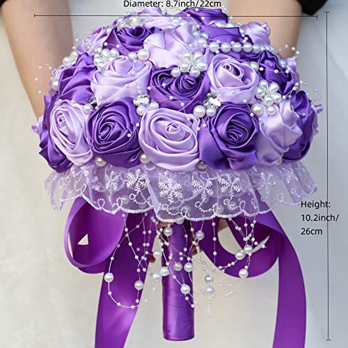 Purple Bridal Wedding Bouquet with Rhinestone Brooch Pearl Bouquet for Bride Bridesmaid Quinceanera Satin Rose Flower Bouquet Wedding Purple and Lilac 8.7in - color: Purple and Lilac (Standard Size: Dia.8.7")
