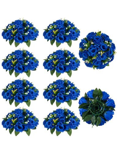 BLOSMON Royal Blue Flowers for Decoration: 10 Pcs Fake Roses Kissing Balls for Wedding Table Centerpieces - Artificial Floral Arrangements Home Baby Shower Birthday Party DIY Decor - color: Royal Blue