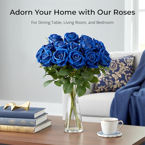 Auihiay 14PCS Blue Artificial Roses, Blue Artificial Flowers, Blue Roses Bouquet with Long Stems for Father's Day Decor, Wedding Centerpieces, Anniversary, Party & Home Decor, DIY Floral Arrangement - color: Dark Blue
