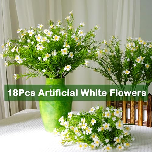 18PCS Artificial Spring White Flowers for Indoor Outdoor Planters Faux Daisy Fake Little Flowers UV Resistant for Porch Terrace Yard Home Party Decoration