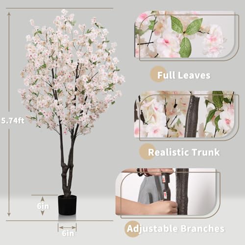 Artificial White Cherry Blossom Tree 5.7ft(68in) Faux Lifelike Plant for Indoor Decor Natural Potted Tree Realistic Pink Cherry Flowers Wood Trunk for Home Living Room,Office Perfect Weeding Gift - color: Cherry Blossom(white 12), size: 5.7ft
