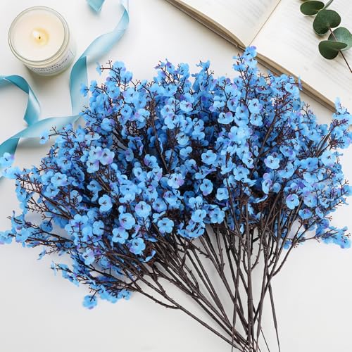 16Pcs Artificial Flowers Fake Babys Breath Bouquet,Blue Fake Flowers Plants Decor Silk Flower Bulk for Vase Spring Home Wedding Indoor Outdoor Table Party Decorations - color: Blue, size: 16 Bundles