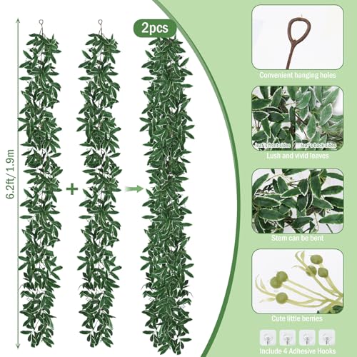 RECUTMS Artificial Olive Leaves Vine Garland with Berry 2Pcs 6.2Ft Faux Silk Green Italian Ruscus Leaf Ivy Fake Hanging Greenery for Indoor Outdoor Home Patio Garden Wedding Arch Party Decor(White) - color: Olive Leaves Vine White