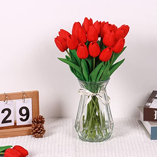 10Pcs Red Fake Tulips Realistic Artificial Flowers for Home Decor PU Faux Tulips Red Fake Flowers with Stem Real Touch Spring Bouquet for Wedding Party Decoration - color: Red