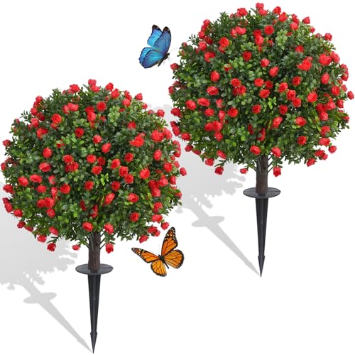 Dense Red Rose Artificial Topiary Ball Trees 24 Inch, Set of 2 Fake Plants with Ground Spike, UV Resistant No Fade Outdoor Faux Shrubs for Spring Garden, Patio, Porch, Yard, Indoor Decor - color: Rose