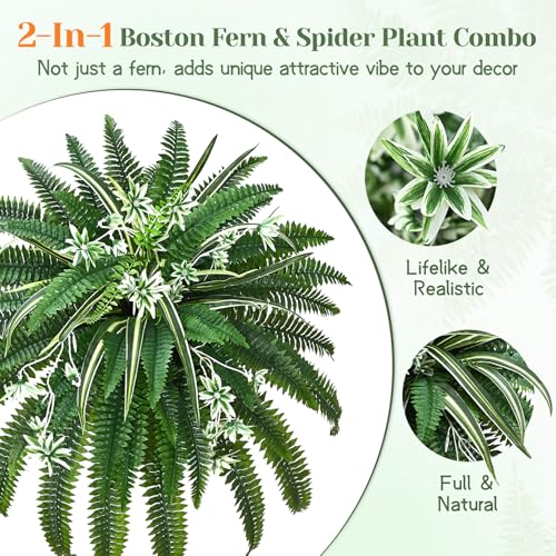 Livole 2 Pcs 48" Fake Ferns, Artificial Ferns for Outdoors Large Faux Boston Fern with 78 Branches Realistic UV Resistant for Planter Indoor Home Garden Porch Hanging Decor - size: 48"-78 Branches-2 Pcs